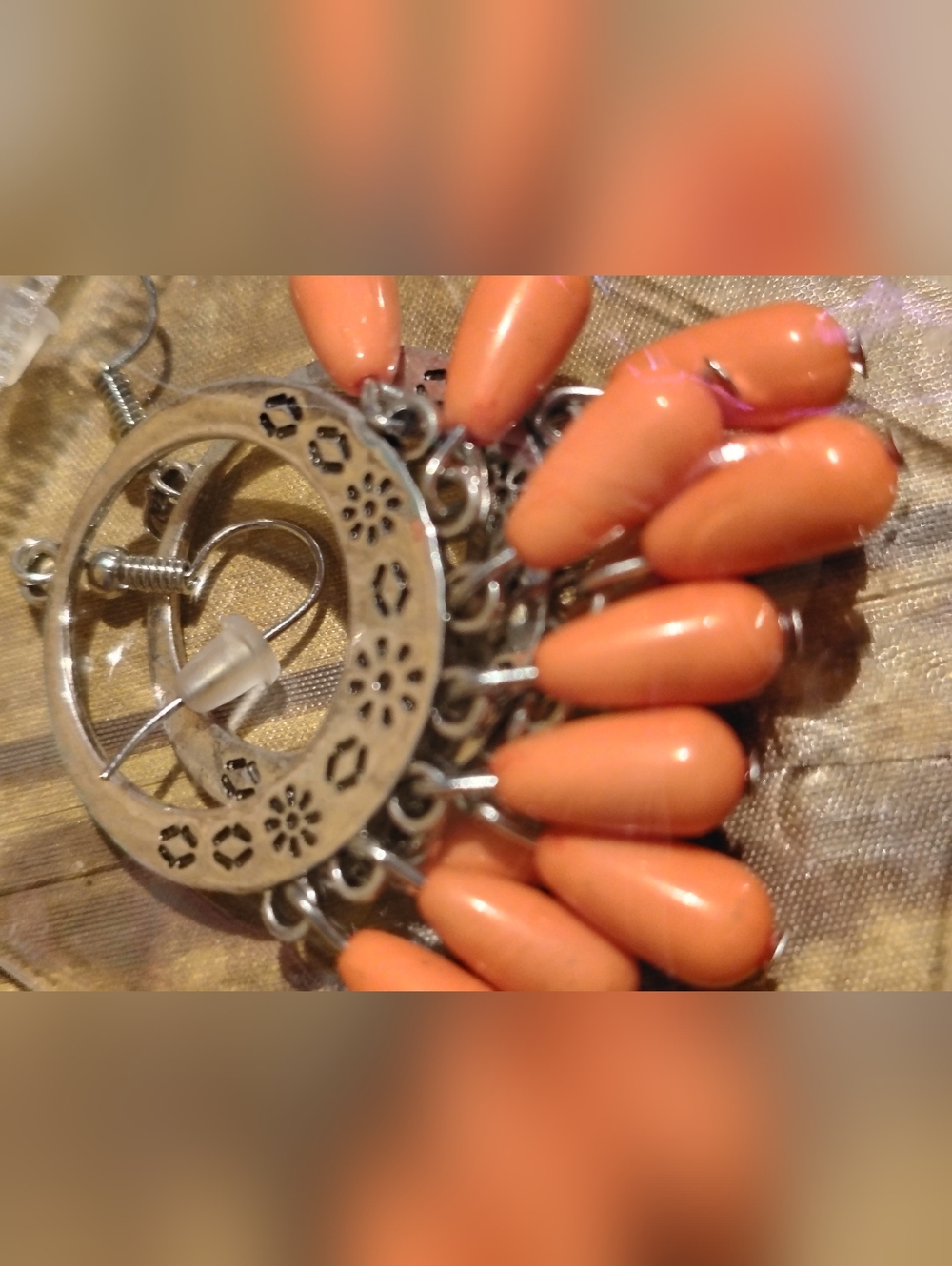 Coral Teardrop Dangle Earrings with Filigree Hoop